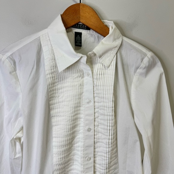 Lauren Ralph Lauren Pleated White Button Down Shirt Size 14 Neutral Minimalist - Picture 3 of 9
